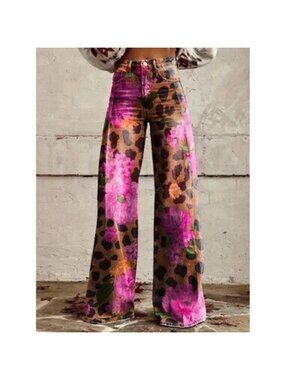 Black Casual Women's Leopard Print 3d Printed Wide Leg Jeans